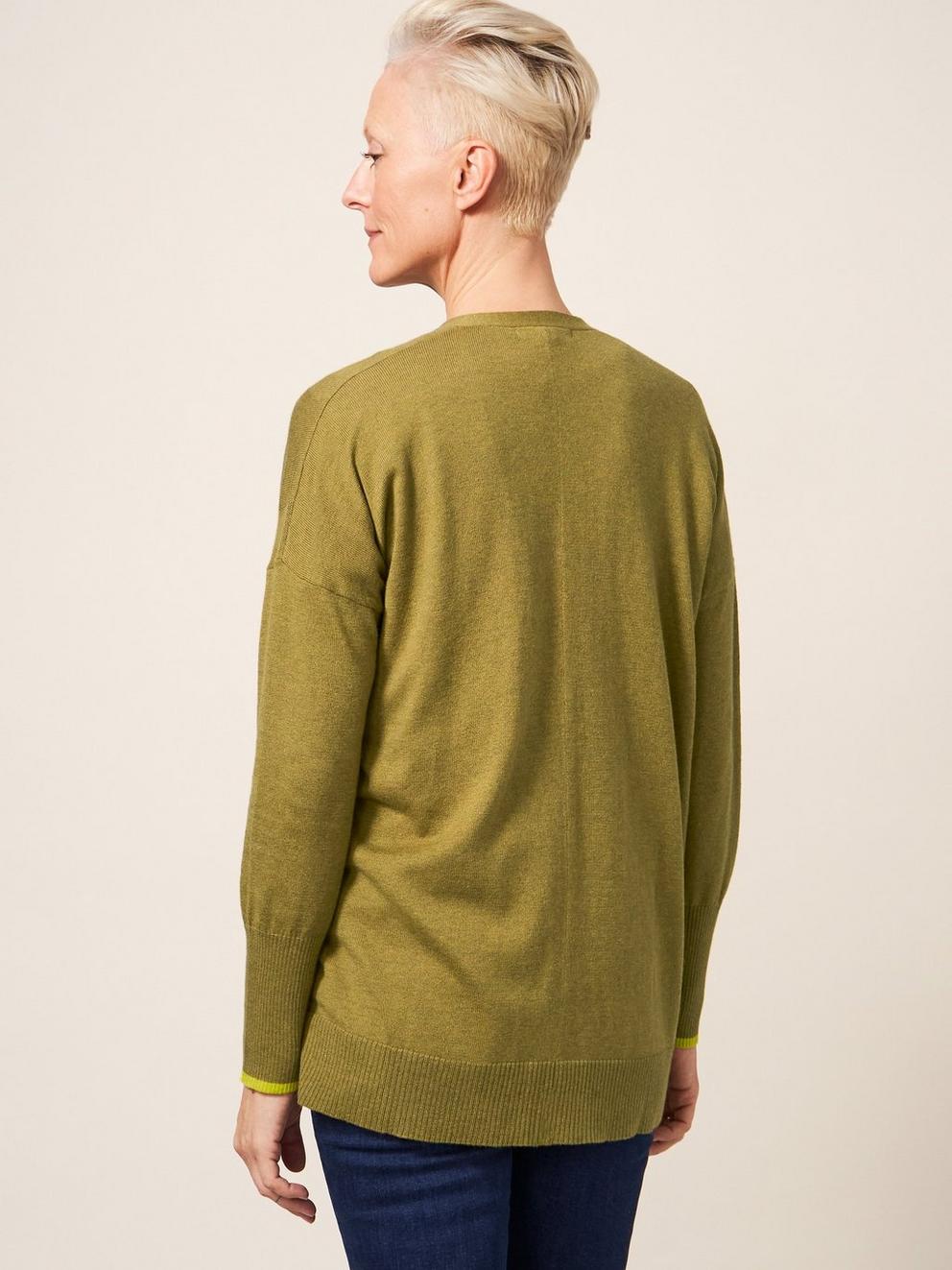 OLIVE CARDI in DEEP GRN - MODEL BACK