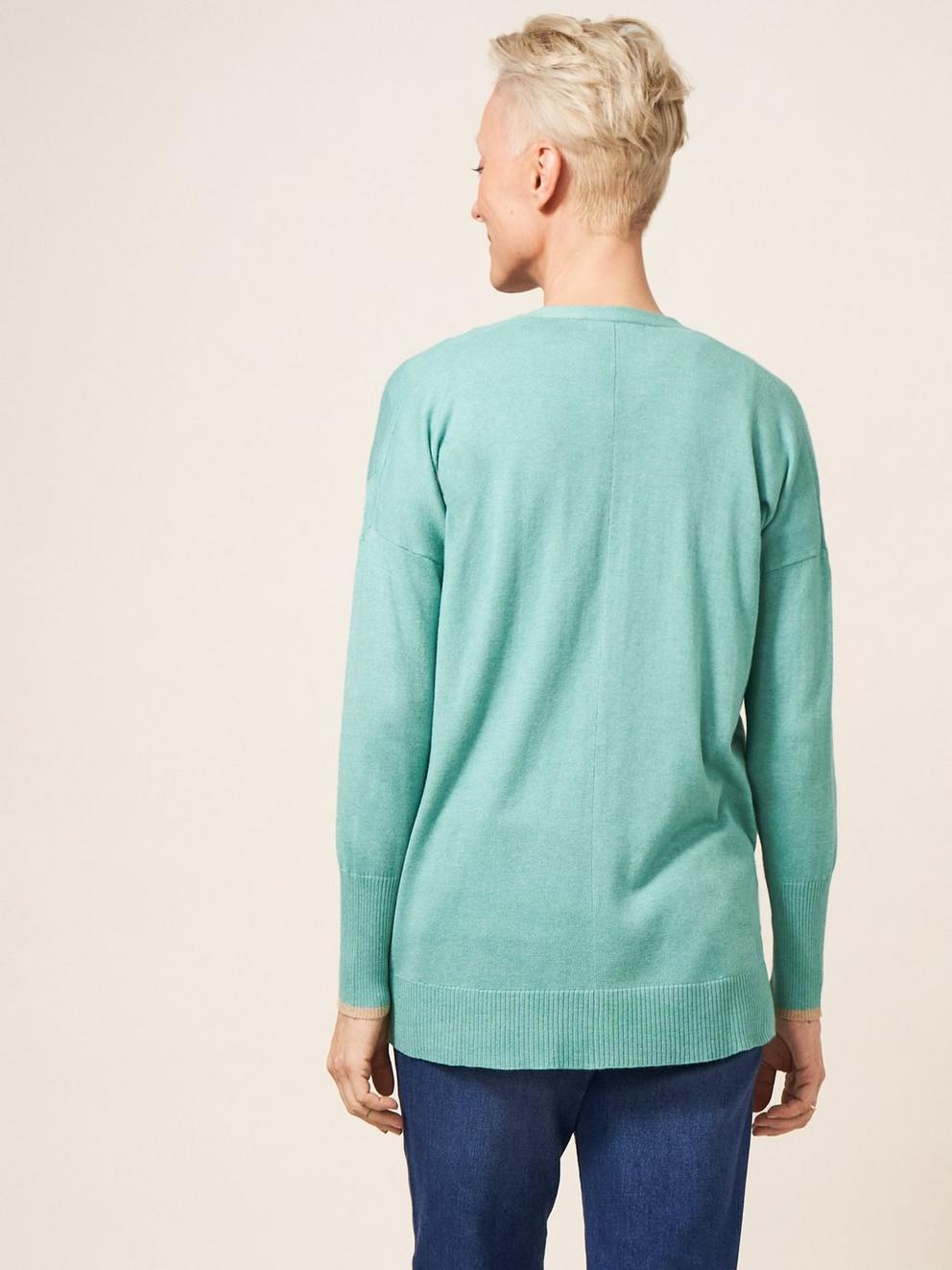 OLIVE CARDI in MID TEAL - MODEL BACK