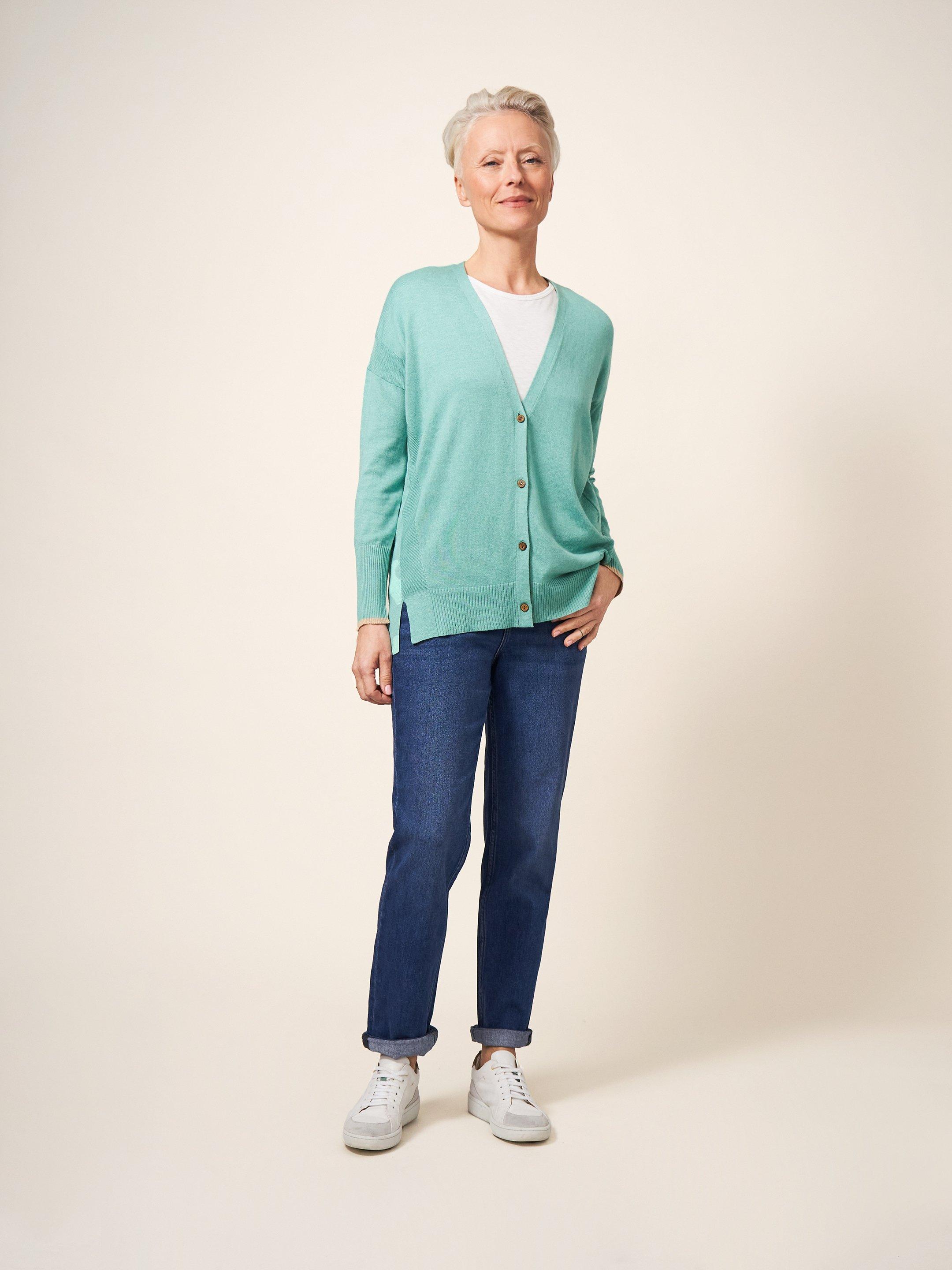 OLIVE CARDI in MID TEAL - MODEL FRONT