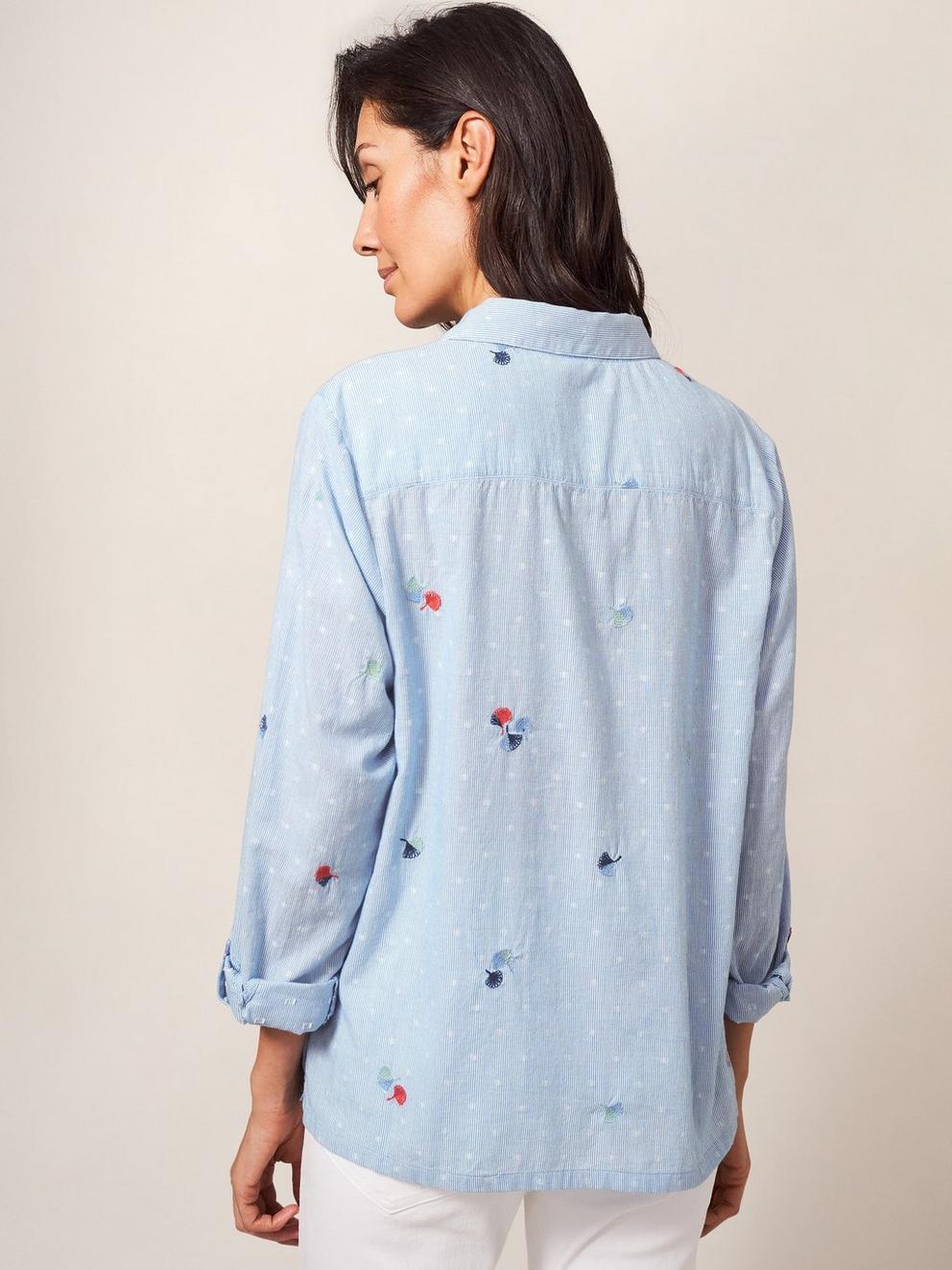 Emilia Stripe Emb Shirt in BLUE MLT - MODEL BACK