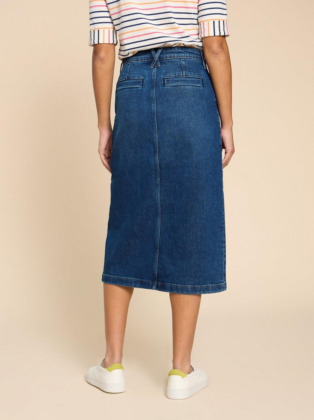 Penny Denim Midi Skirt in MID DENIM - MODEL BACK