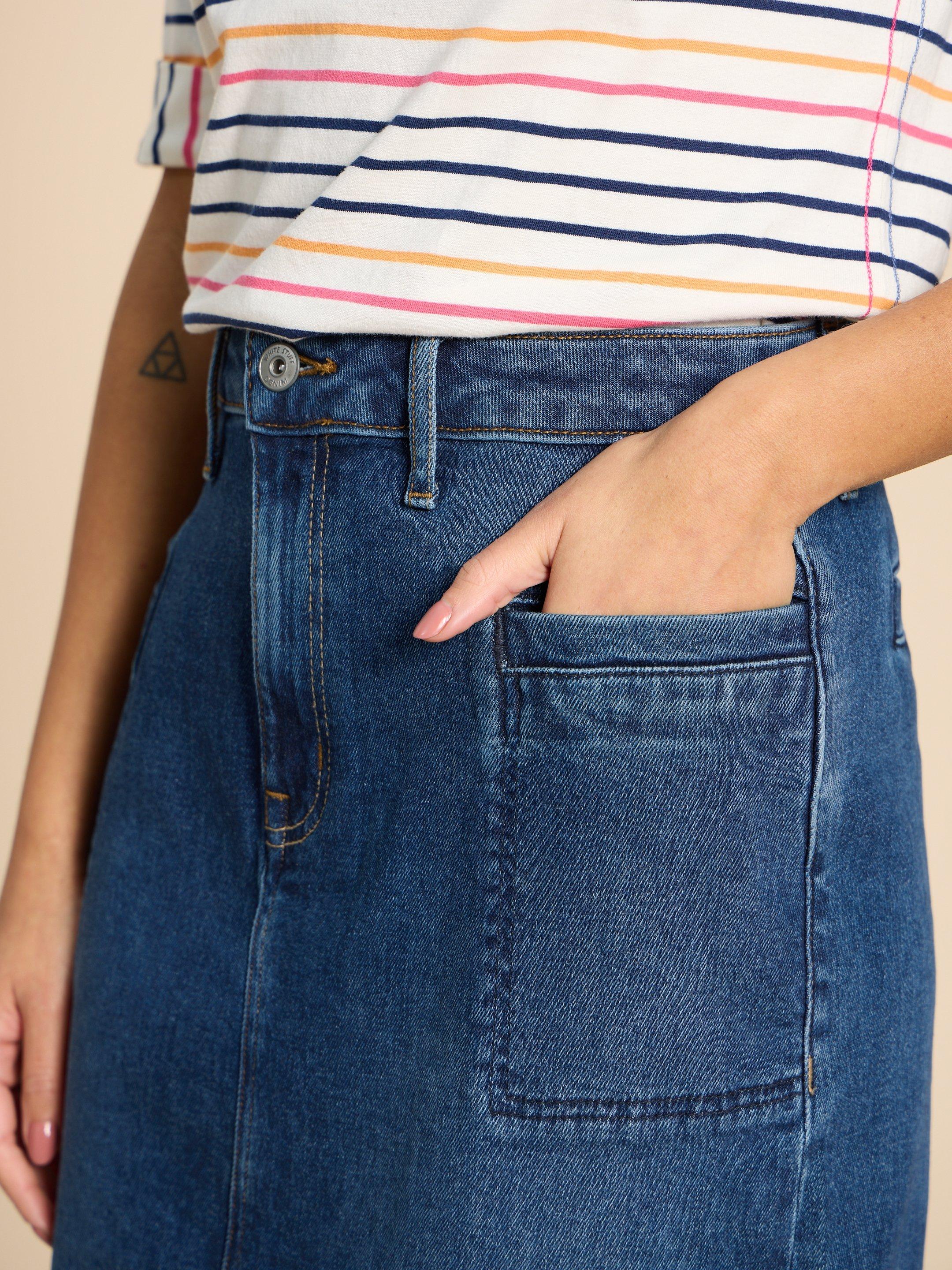 Penny Denim Midi Skirt in MID DENIM - MODEL DETAIL