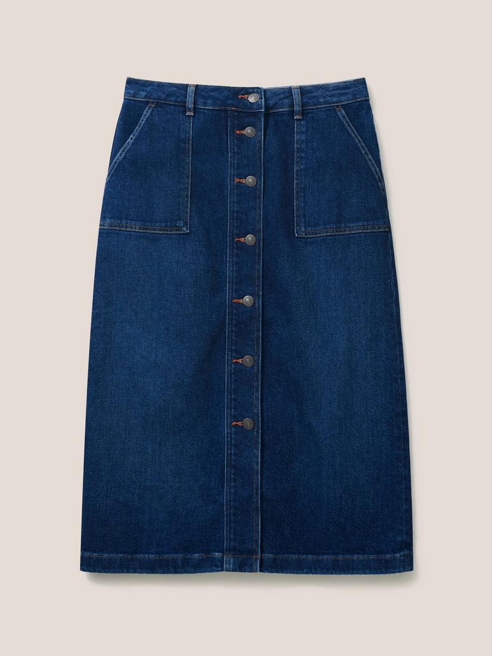 Colleen Denim Knee Length Skirt in DK DENIM - FLAT FRONT