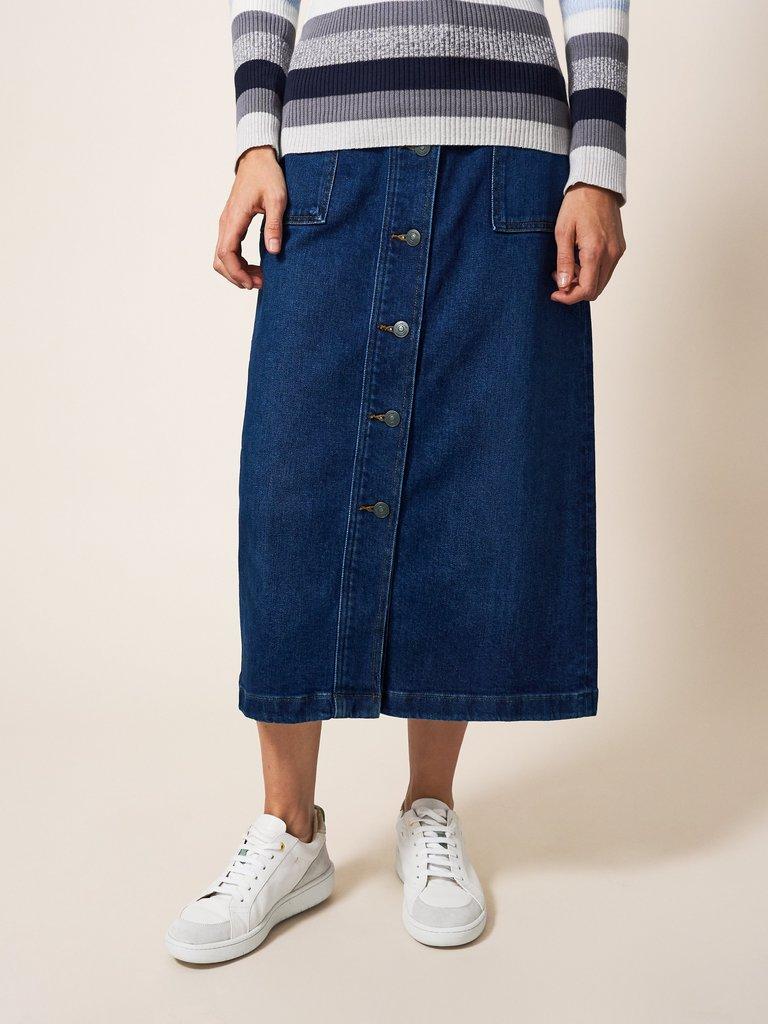 Colleen Denim Knee Length Skirt in DK DENIM - MODEL FRONT