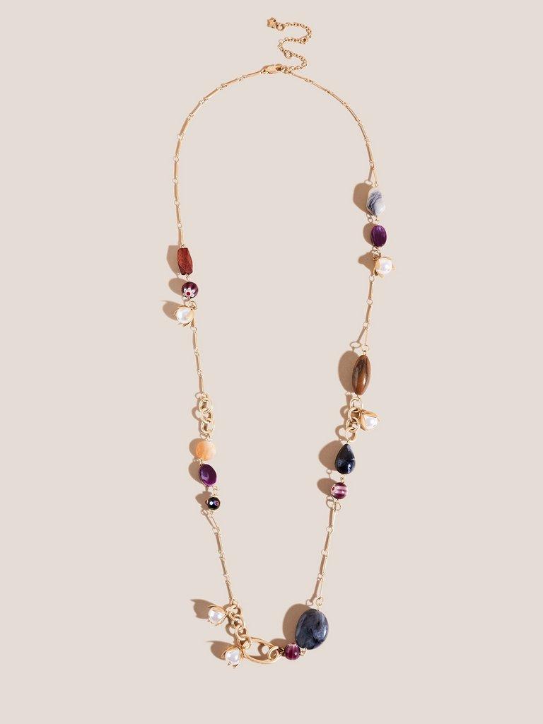 Pearl  Stone Long Necklace in ORANGE MLT - FLAT FRONT