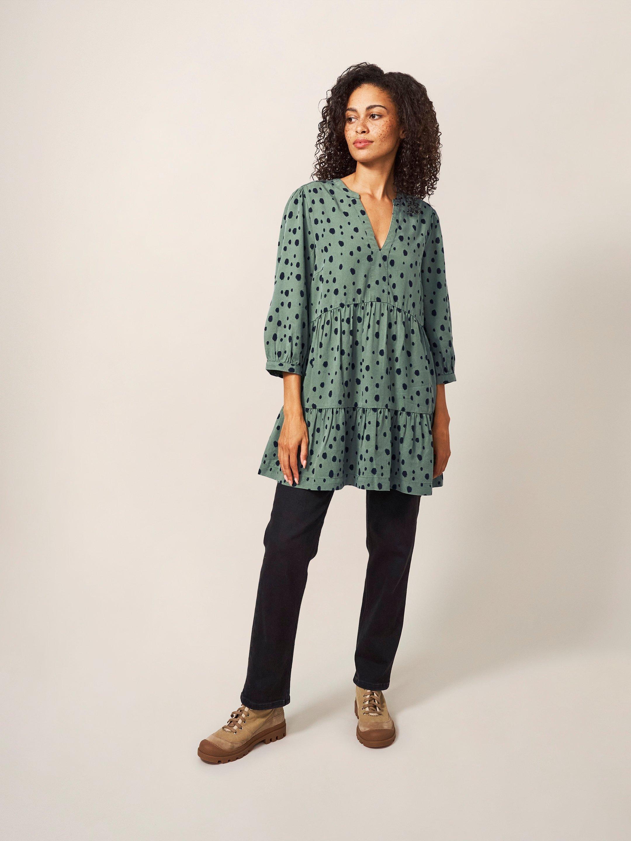 Maisie Tunic in GREEN MLT - MODEL FRONT