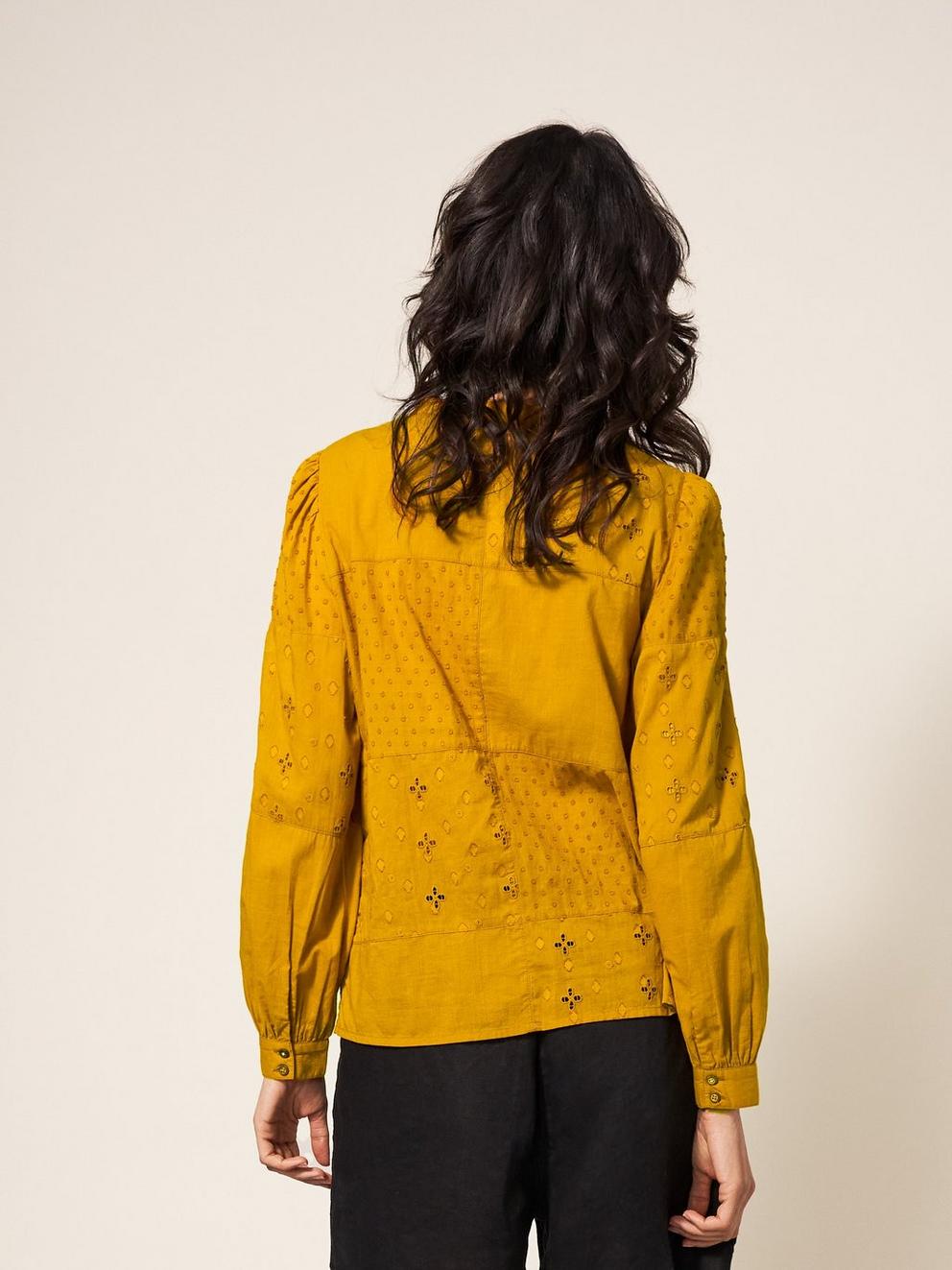 Patchwork Broderie Shirt in DARK TAN - MODEL BACK