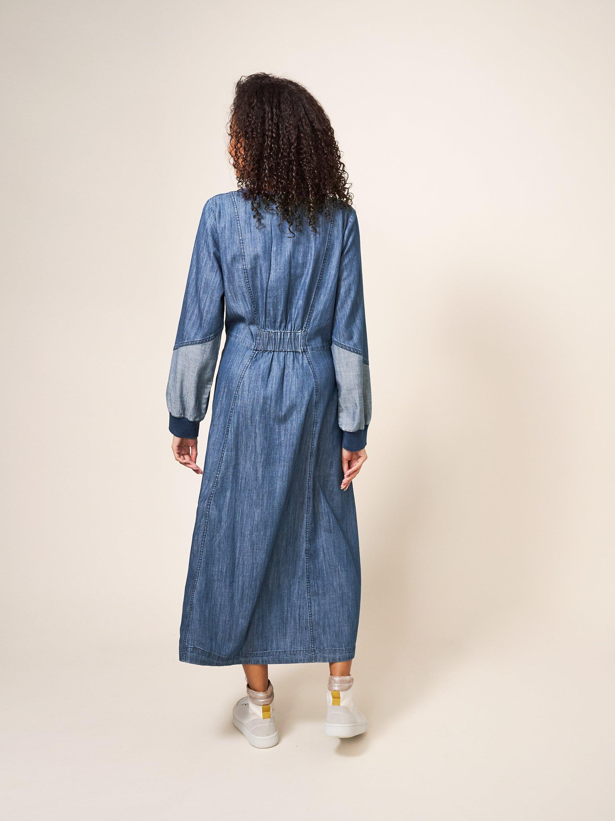 Jasmine Denim Midi Dress in MID DENIM - MODEL BACK
