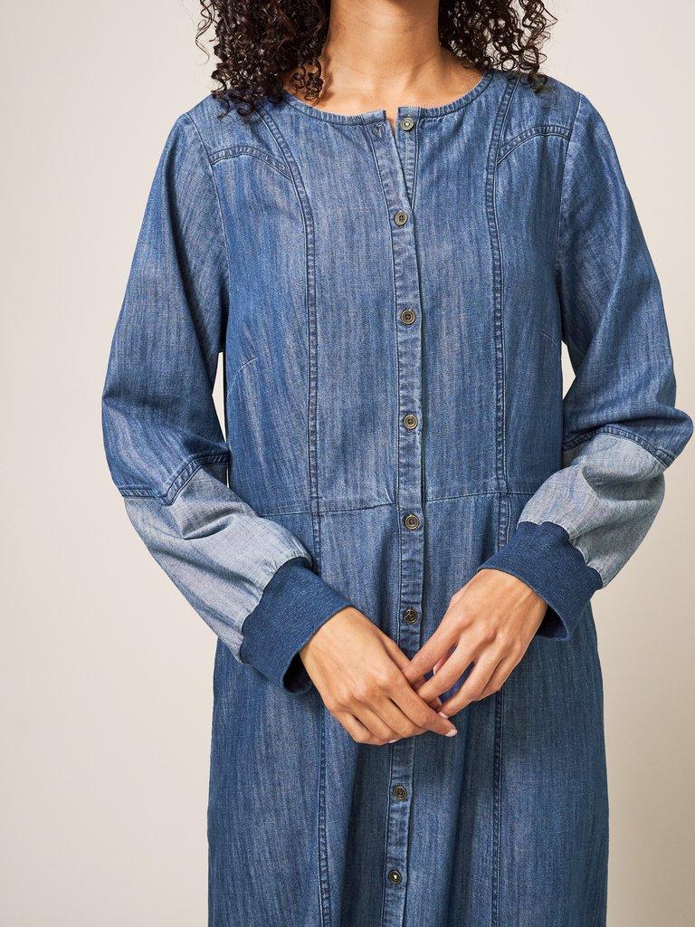 Jasmine Denim Midi Dress in MID DENIM - MODEL DETAIL