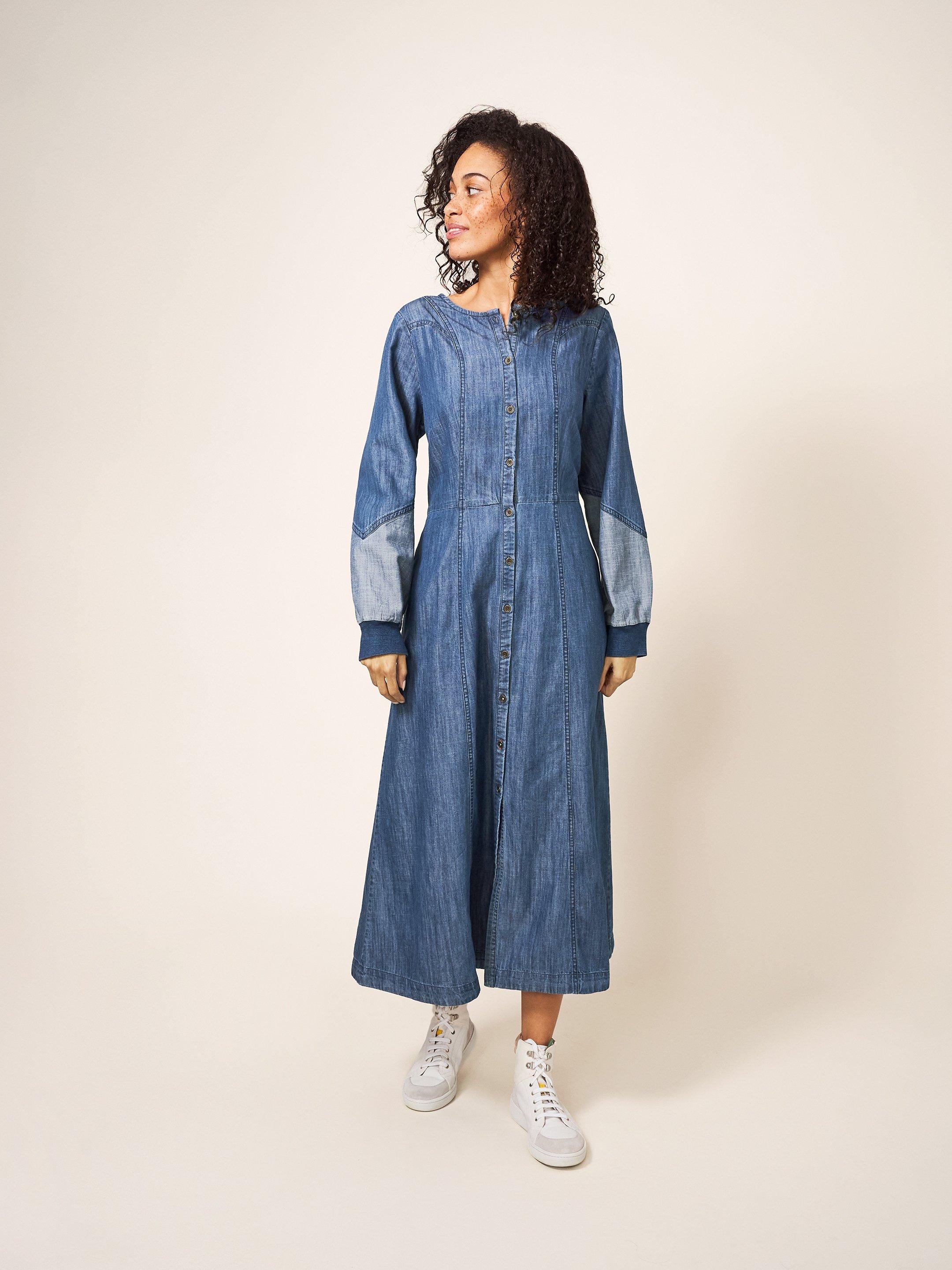 Jasmine Denim Midi Dress in MID DENIM - MODEL FRONT