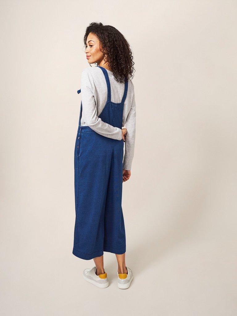 Debbie Jersey Dungaree in MID DENIM - MODEL BACK