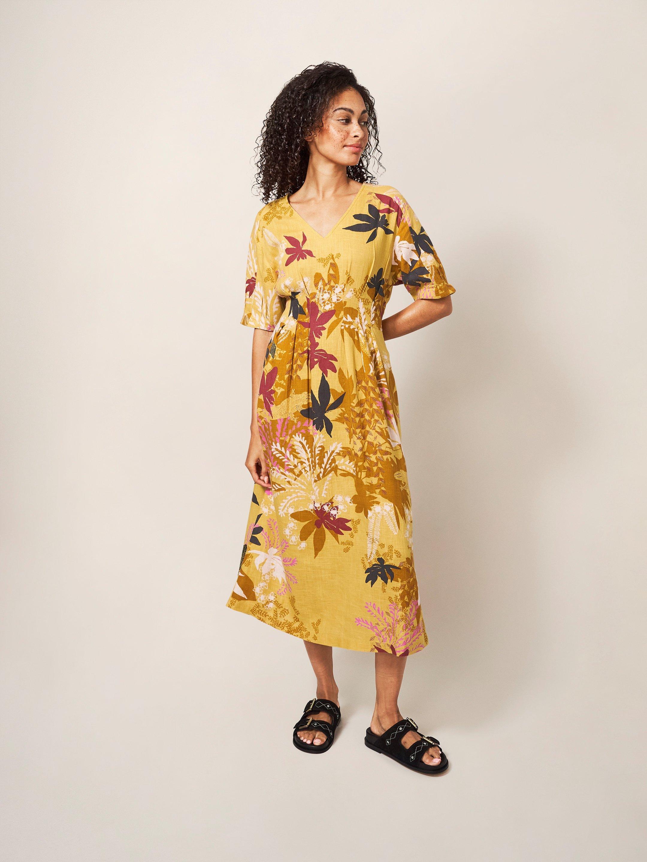 Kate Midi Dress in YELLOW MLT - MODEL FRONT