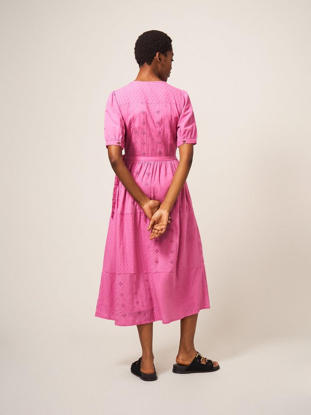 Patchwork Broderie Midi Dress in BRT PINK - MODEL BACK