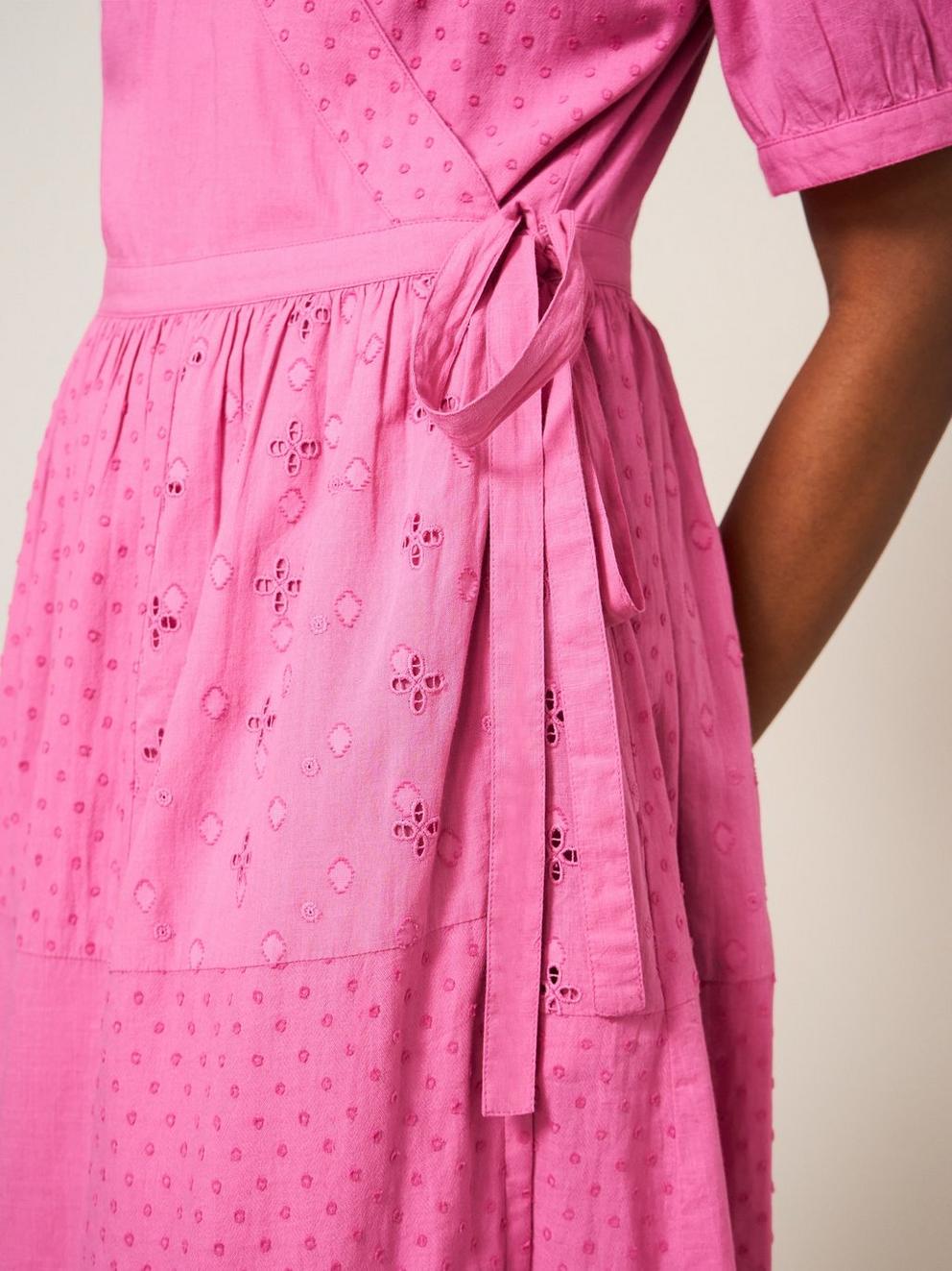 Patchwork Broderie Midi Dress in BRT PINK - MODEL DETAIL