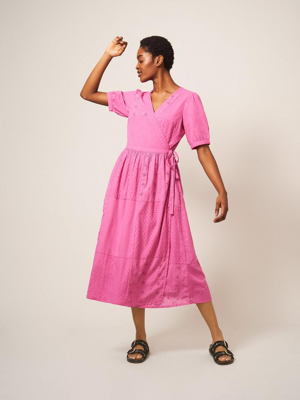 Patchwork Broderie Midi Dress in BRT PINK - MODEL FRONT