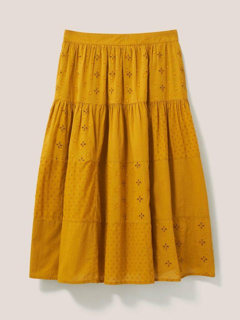 Patchwork Broderie Midi Skirt in MID TAN - FLAT FRONT