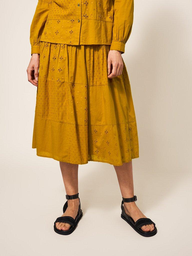 Patchwork Broderie Midi Skirt in MID TAN - MODEL FRONT