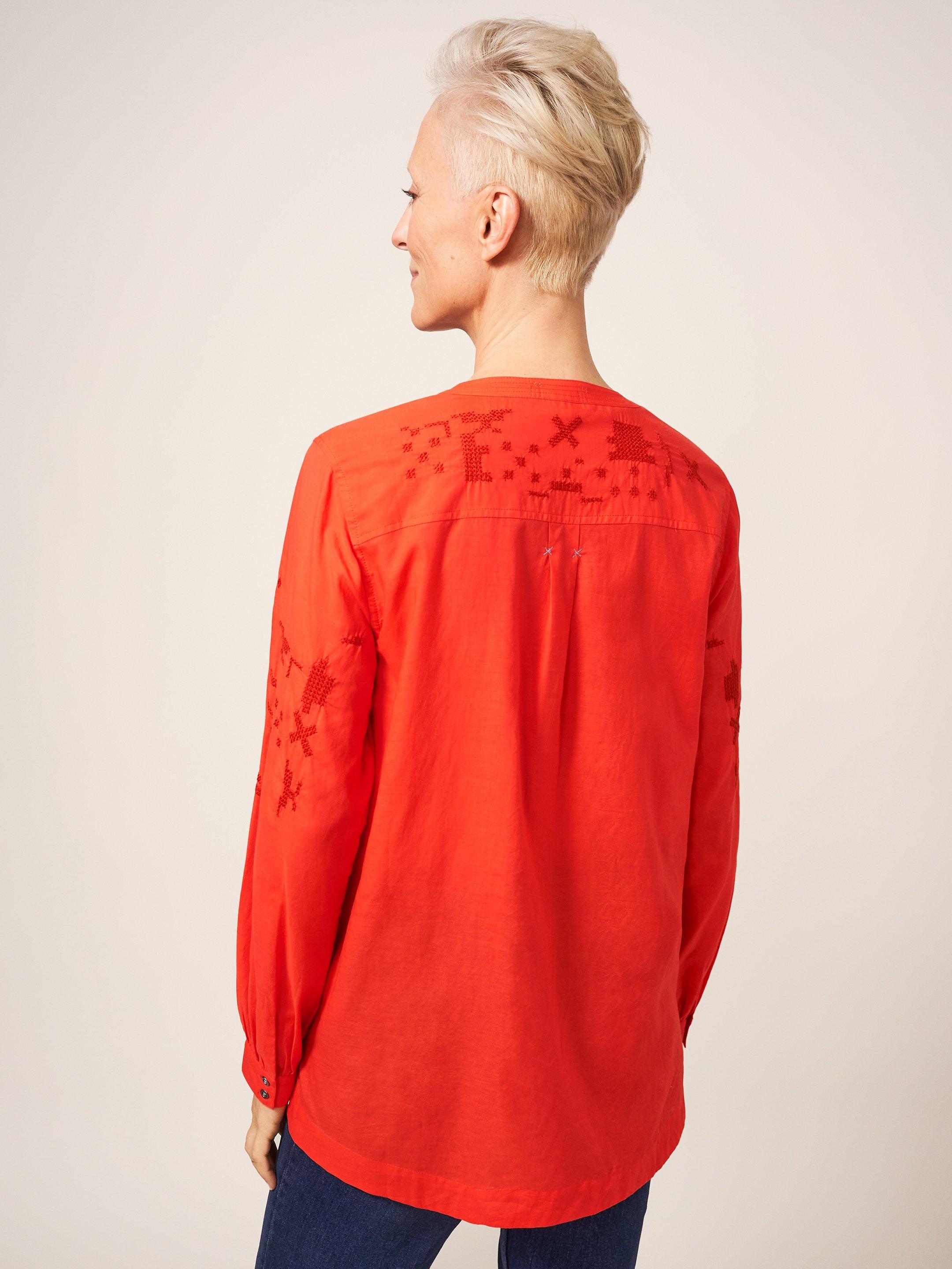 Marta Embroidered Shirt in RED MLT - MODEL BACK