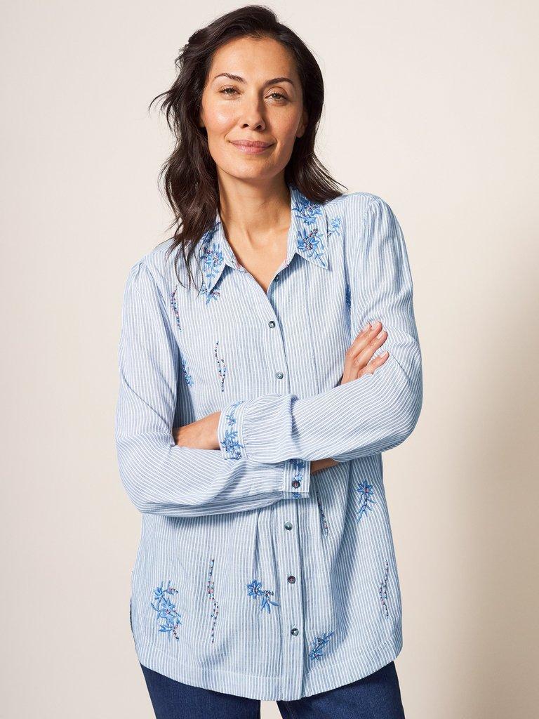 Trailing Embroidered Shirt in BLUE MLT - MODEL FRONT