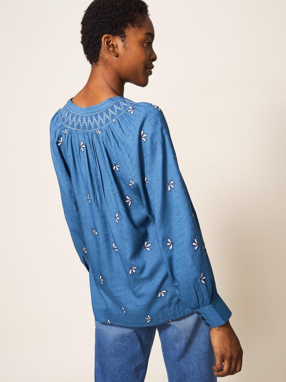 Maude Embroidered Shirt in TEAL MLT - MODEL BACK