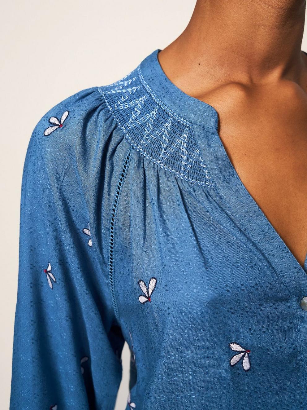 Maude Embroidered Shirt in TEAL MLT - MODEL DETAIL