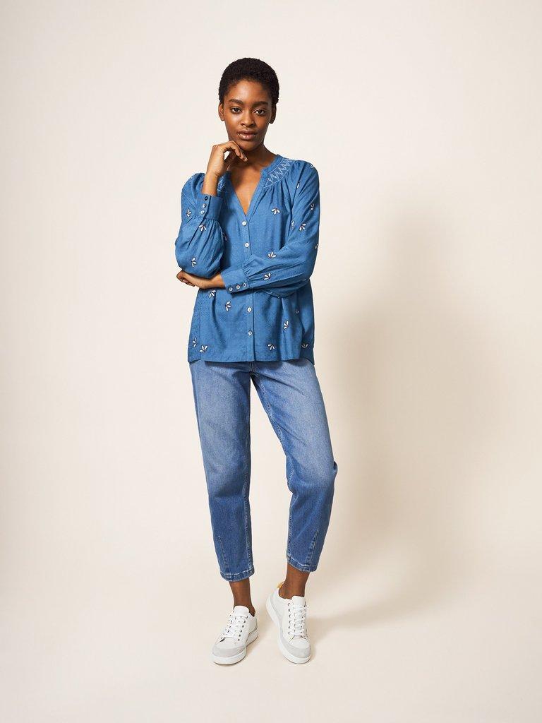 Maude Embroidered Shirt in TEAL MLT - MODEL FRONT