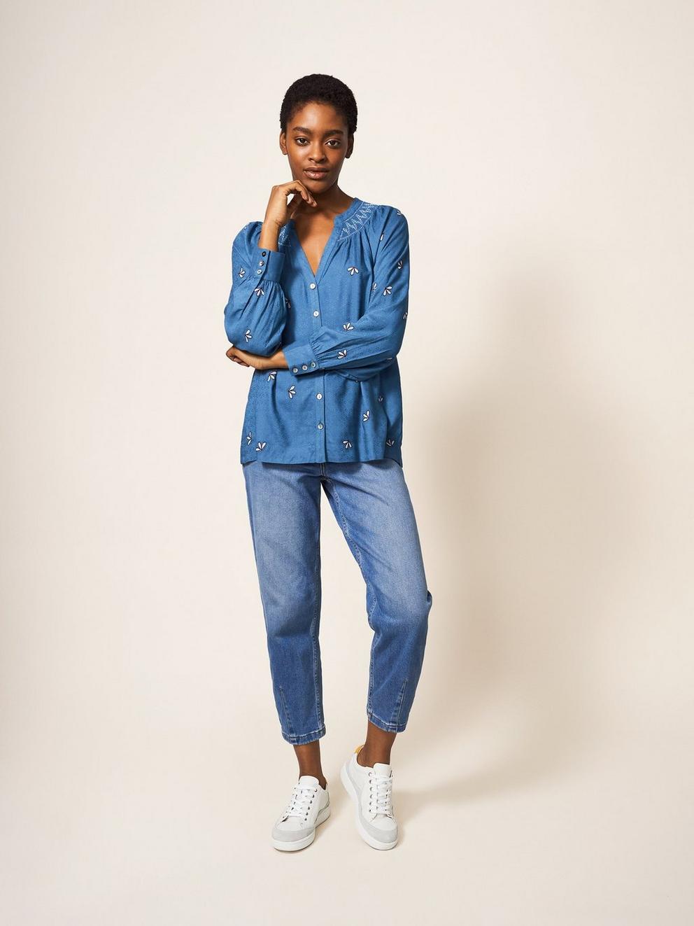 Maude Embroidered Shirt in TEAL MLT - MODEL FRONT