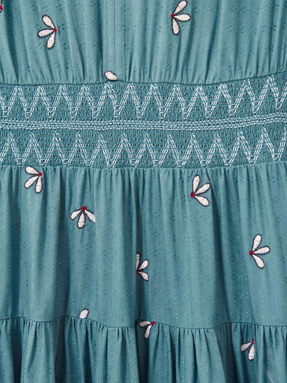 Maude Embroidered Dress in TEAL MLT - FLAT DETAIL