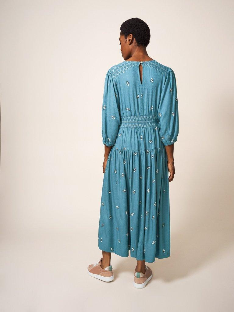 Maude Embroidered Dress in TEAL MLT - MODEL BACK