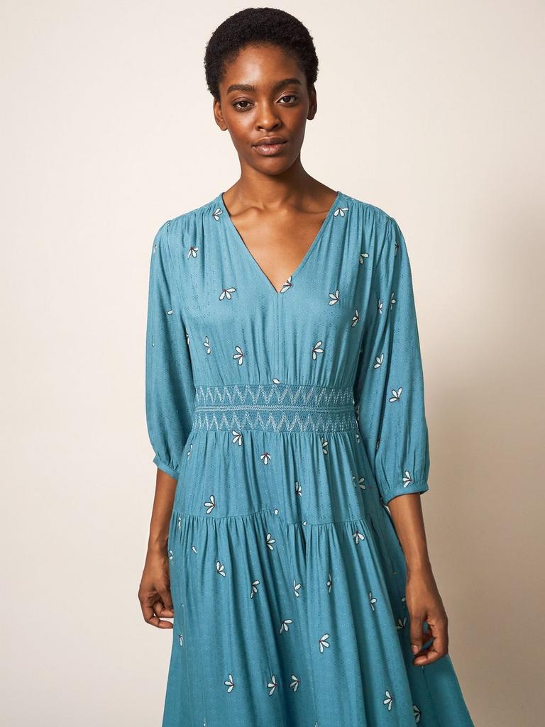 Maude Embroidered Dress in TEAL MLT - MODEL DETAIL