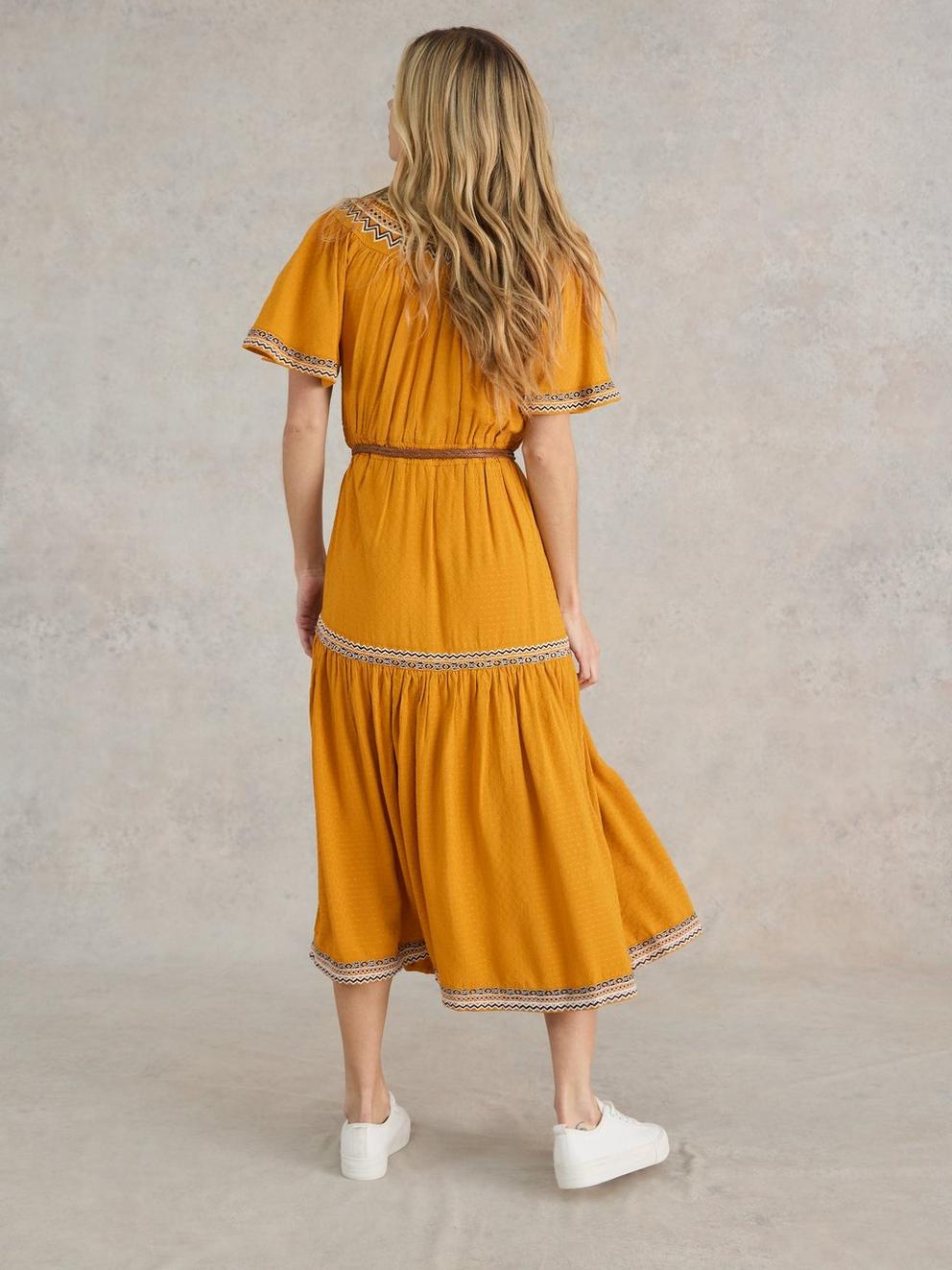 Heidi Embroidered Dress in TAN MULTI - MODEL BACK