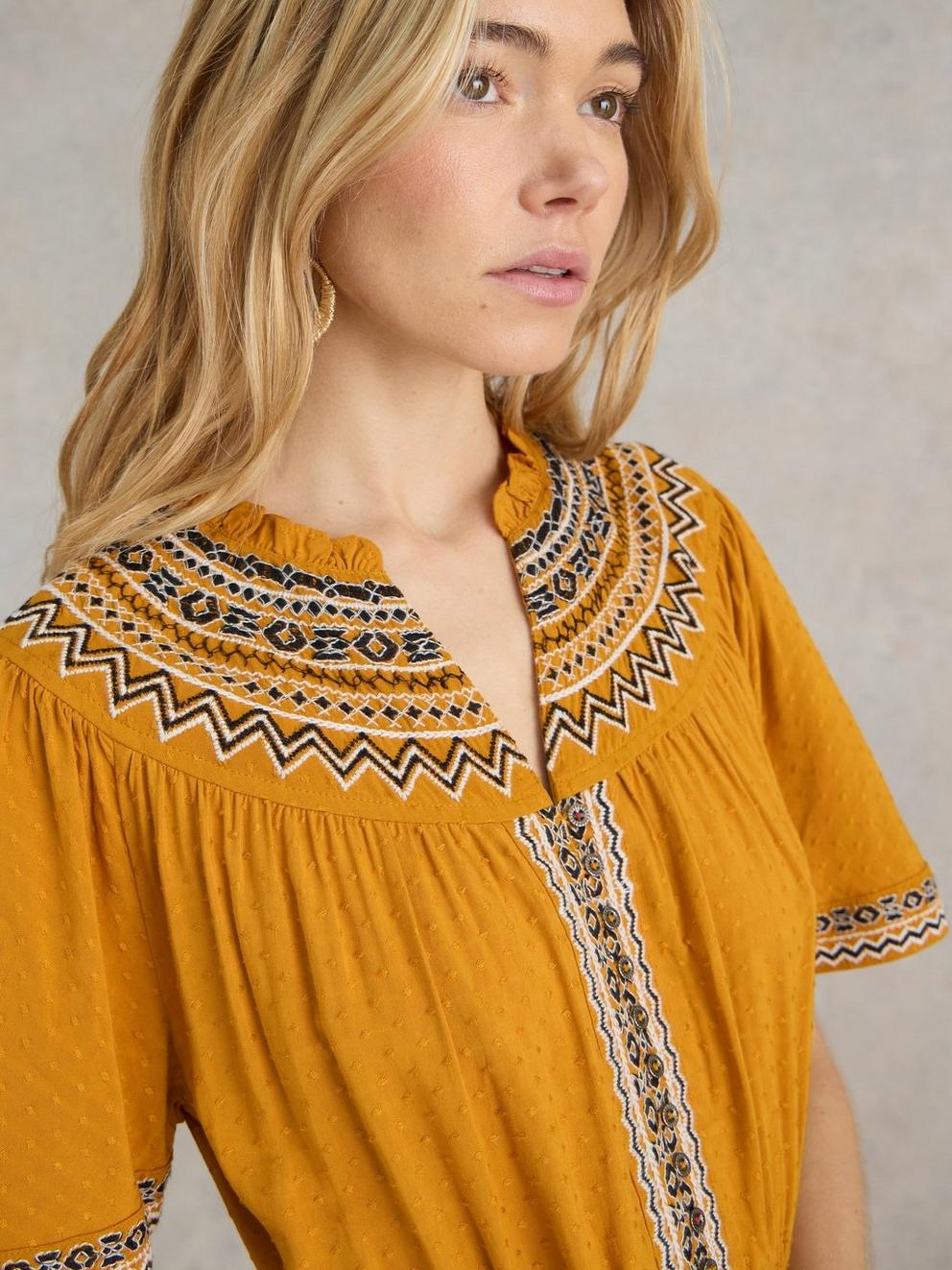 Heidi Embroidered Dress in TAN MULTI - MODEL DETAIL