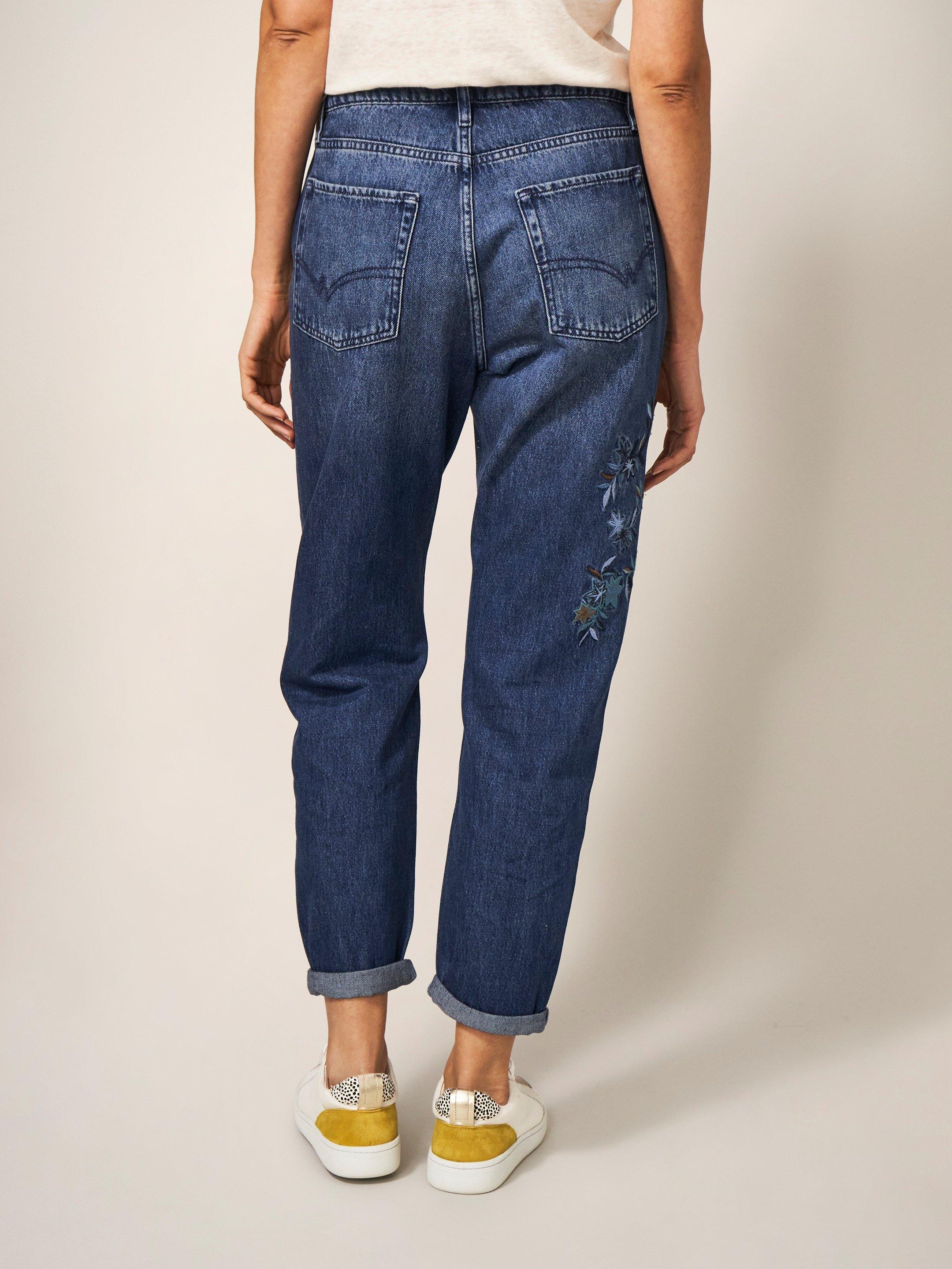 Embroidered Boyfriend Jean in MID DENIM - MODEL BACK