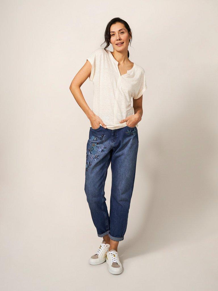 Embroidered Boyfriend Jean in MID DENIM - MODEL FRONT