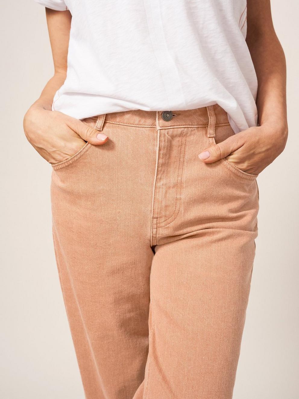 Leighton ClayDye Straight Jean in MID CORAL - MODEL DETAIL