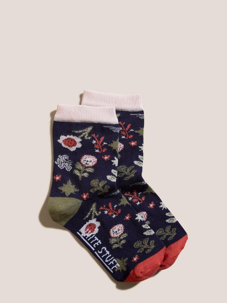 Floral Unicorn Socks in NAVY MULTI - FLAT FRONT