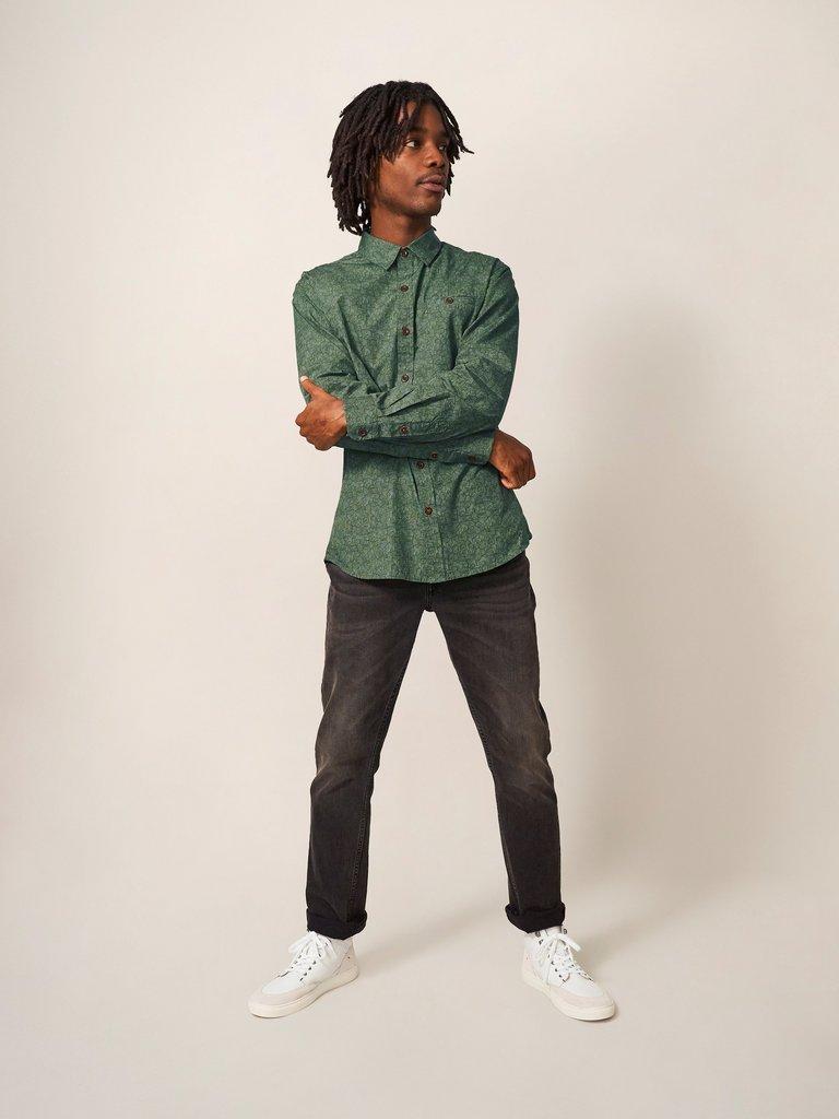 Welch Line Printed Shirt in DK GREEN - MODEL FRONT