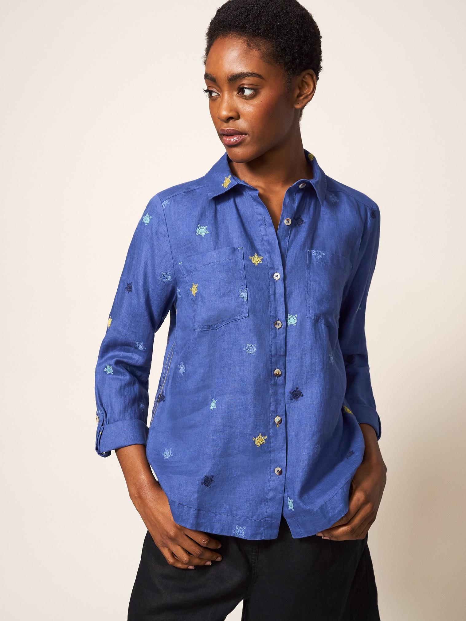 Layla Emb Linen Shirt in BLUE MLT - LIFESTYLE