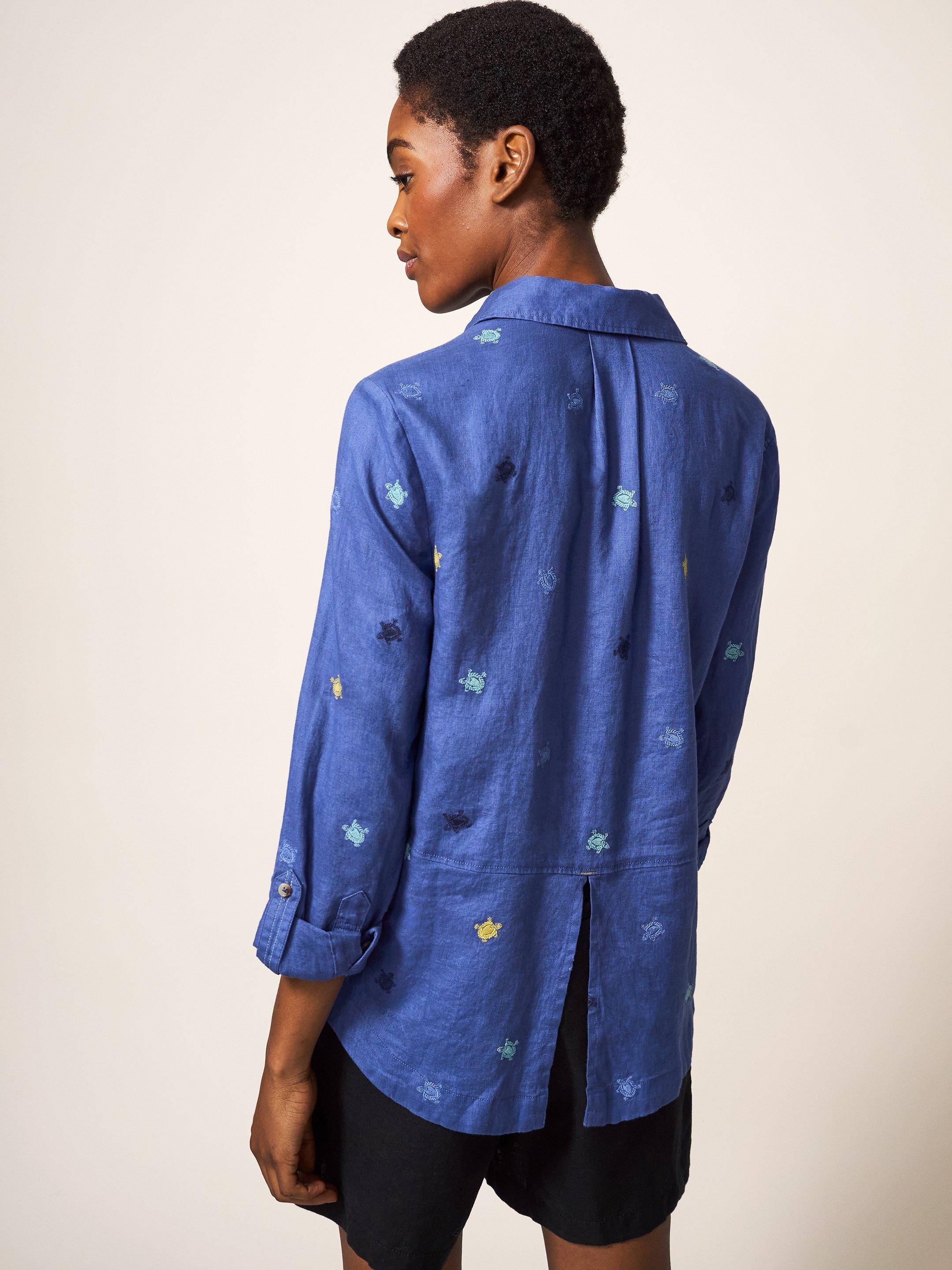 Layla Emb Linen Shirt in BLUE MLT - MODEL BACK