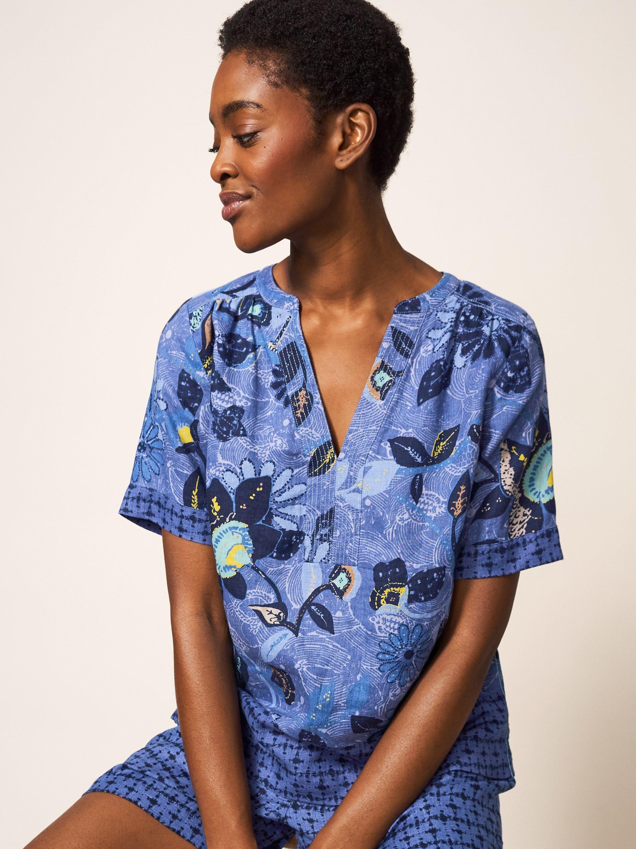 June Linen Top in BLUE MLT - LIFESTYLE