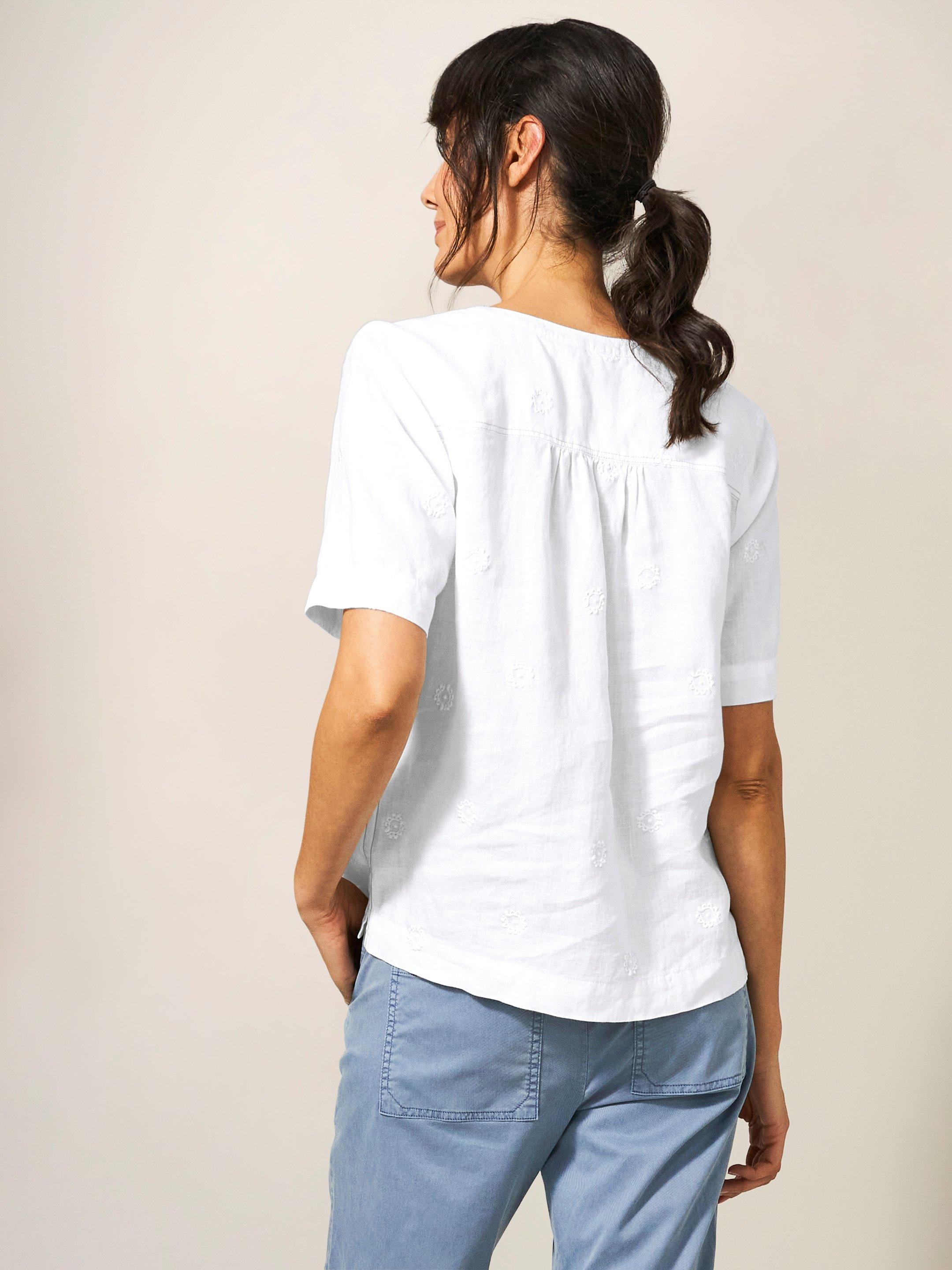 June Linen Top in WHITE MLT - MODEL BACK