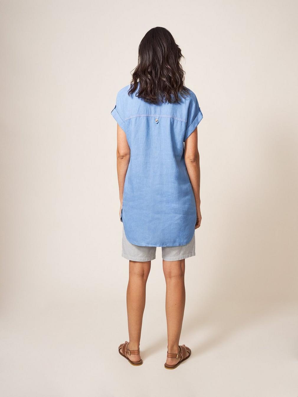 Elsie Linen Tunic in MID BLUE - MODEL BACK