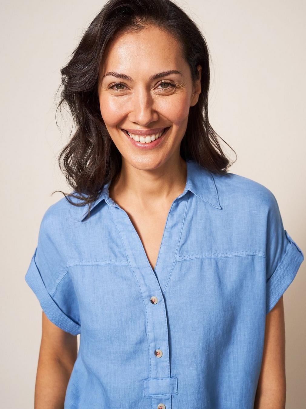 Elsie Linen Tunic in MID BLUE - MODEL DETAIL