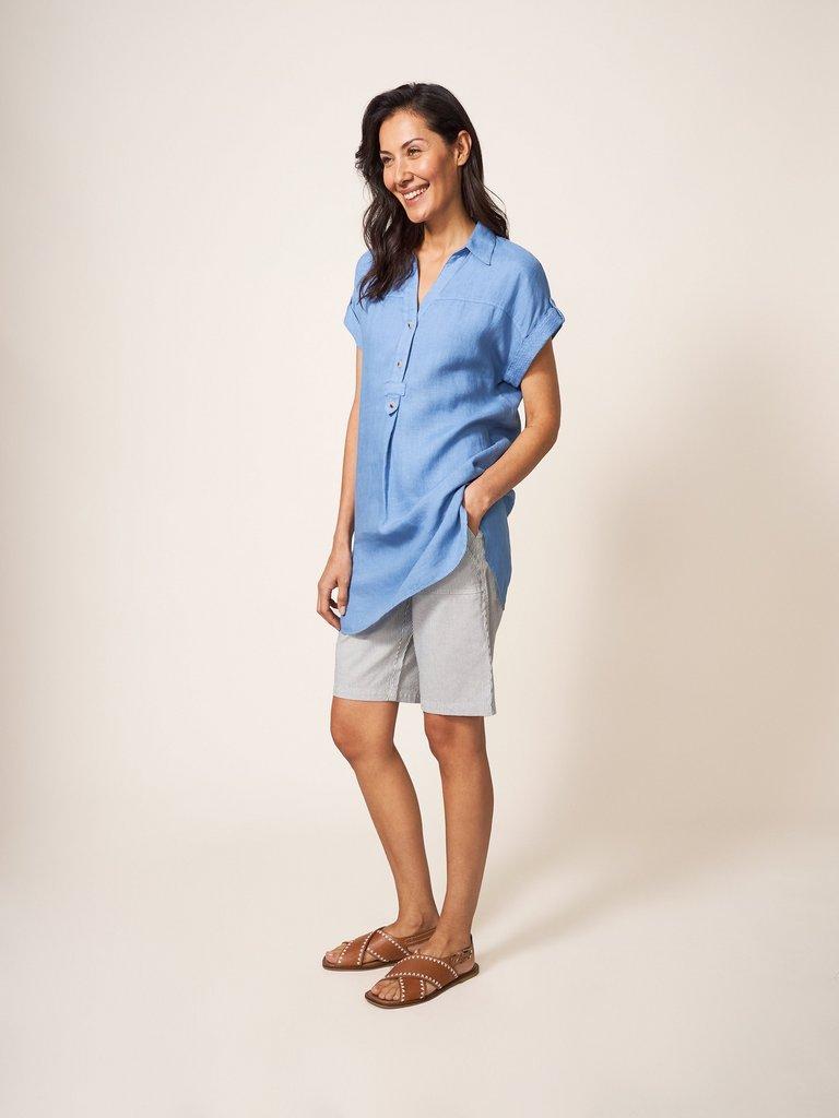 Elsie Linen Tunic in MID BLUE - MODEL FRONT
