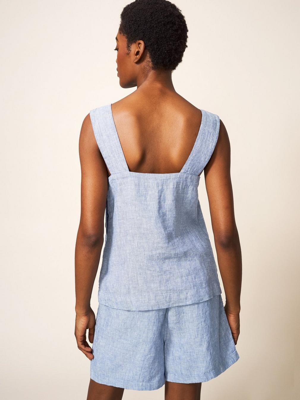 Hazel Linen Vest in CHAMB BLUE - MODEL BACK