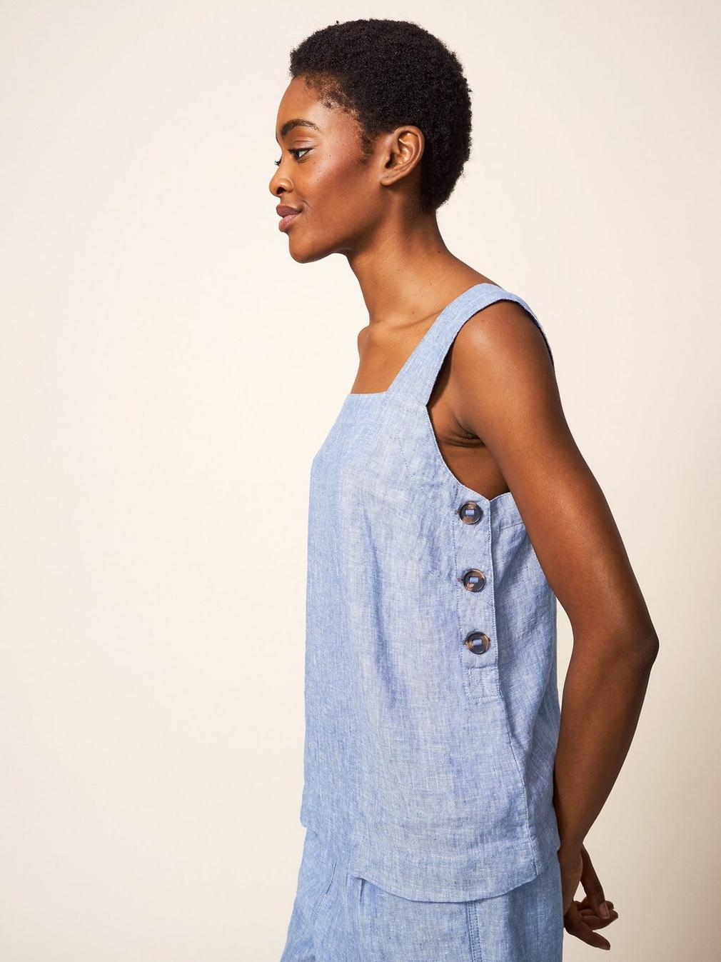 Hazel Linen Vest in CHAMB BLUE - MODEL DETAIL