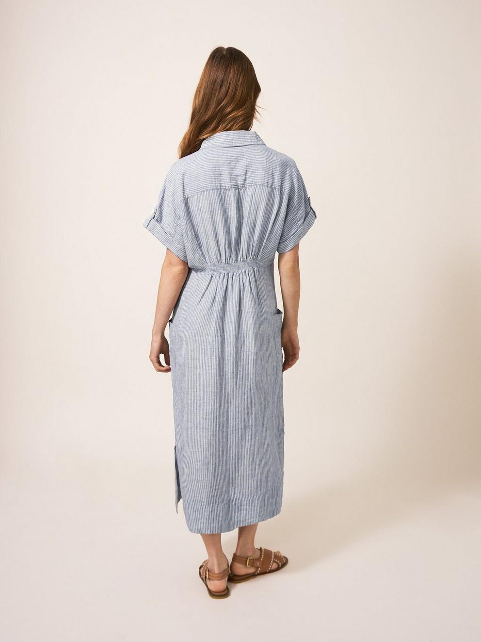 Reno Linen Shirt Dress in BLUE MLT - MODEL BACK
