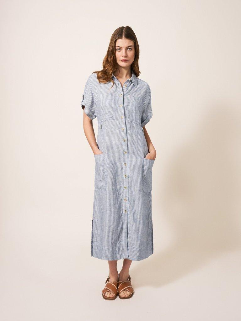 Reno Linen Shirt Dress in BLUE MLT - MODEL FRONT