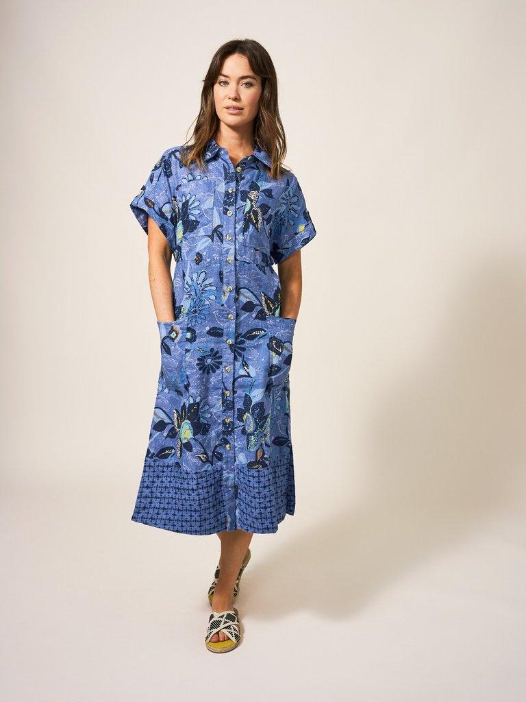 Reno Linen Shirt Dress in BLUE PR - MODEL FRONT
