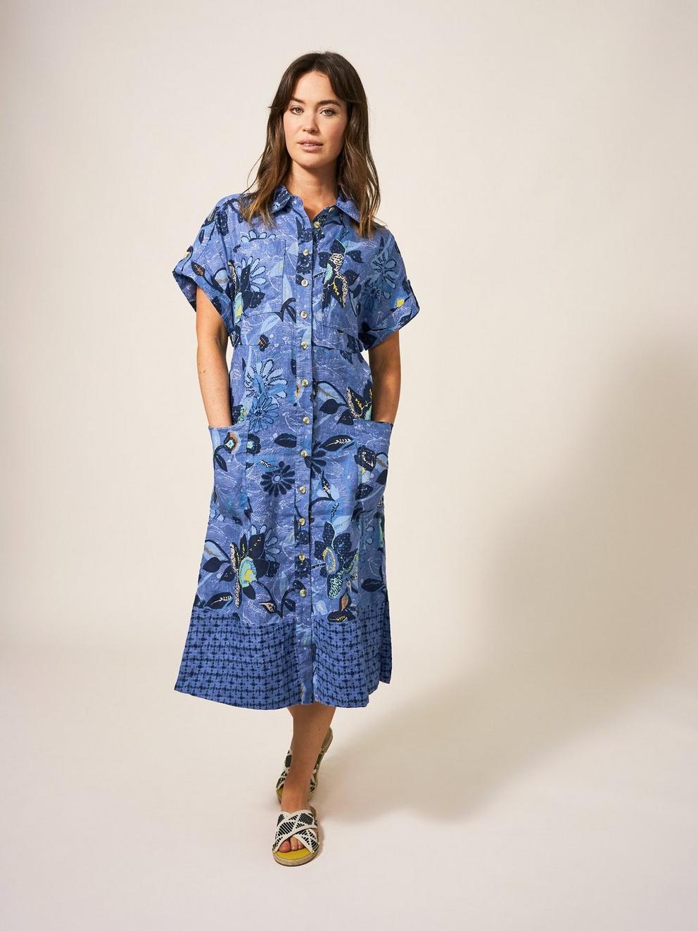 Reno Linen Shirt Dress in BLUE PR - MODEL FRONT